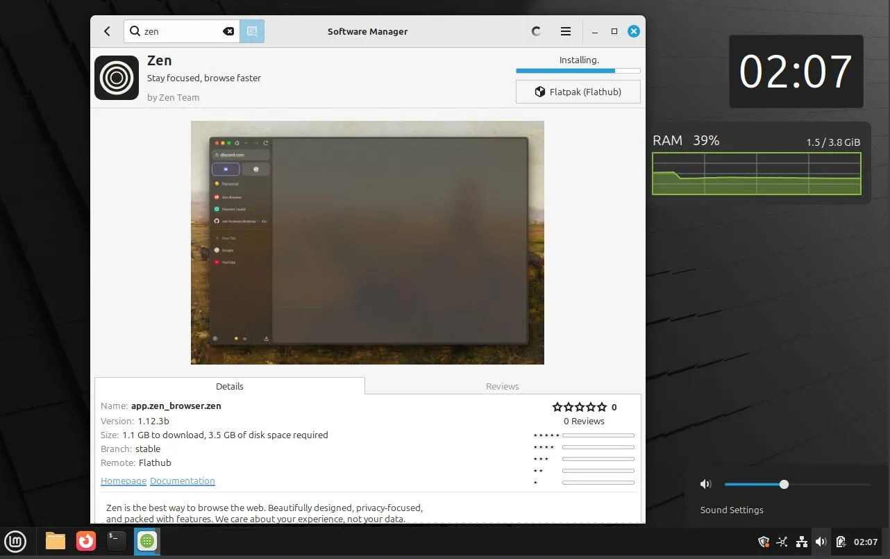 Trình quản lý Phần mềm của Linux Mint với khả năng tìm kiếm và cài đặt ứng dụng qua Flatpak