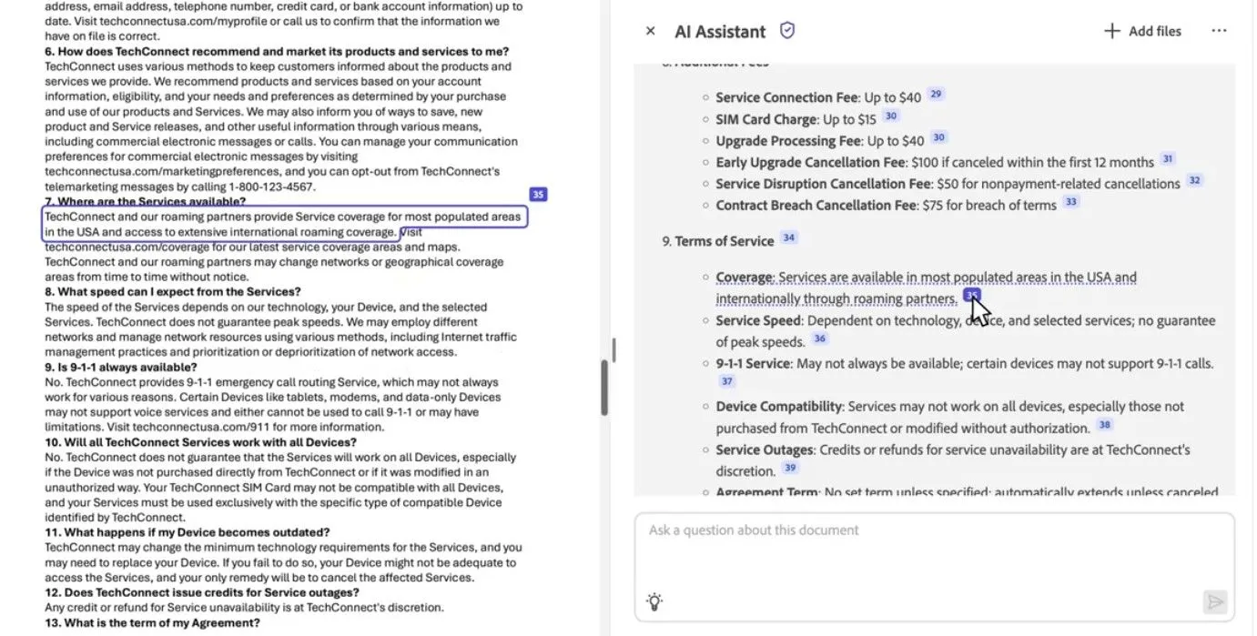 Trợ lý AI Adobe Acrobat tóm tắt hợp đồng và trích dẫn chính xác nguồn thông tin