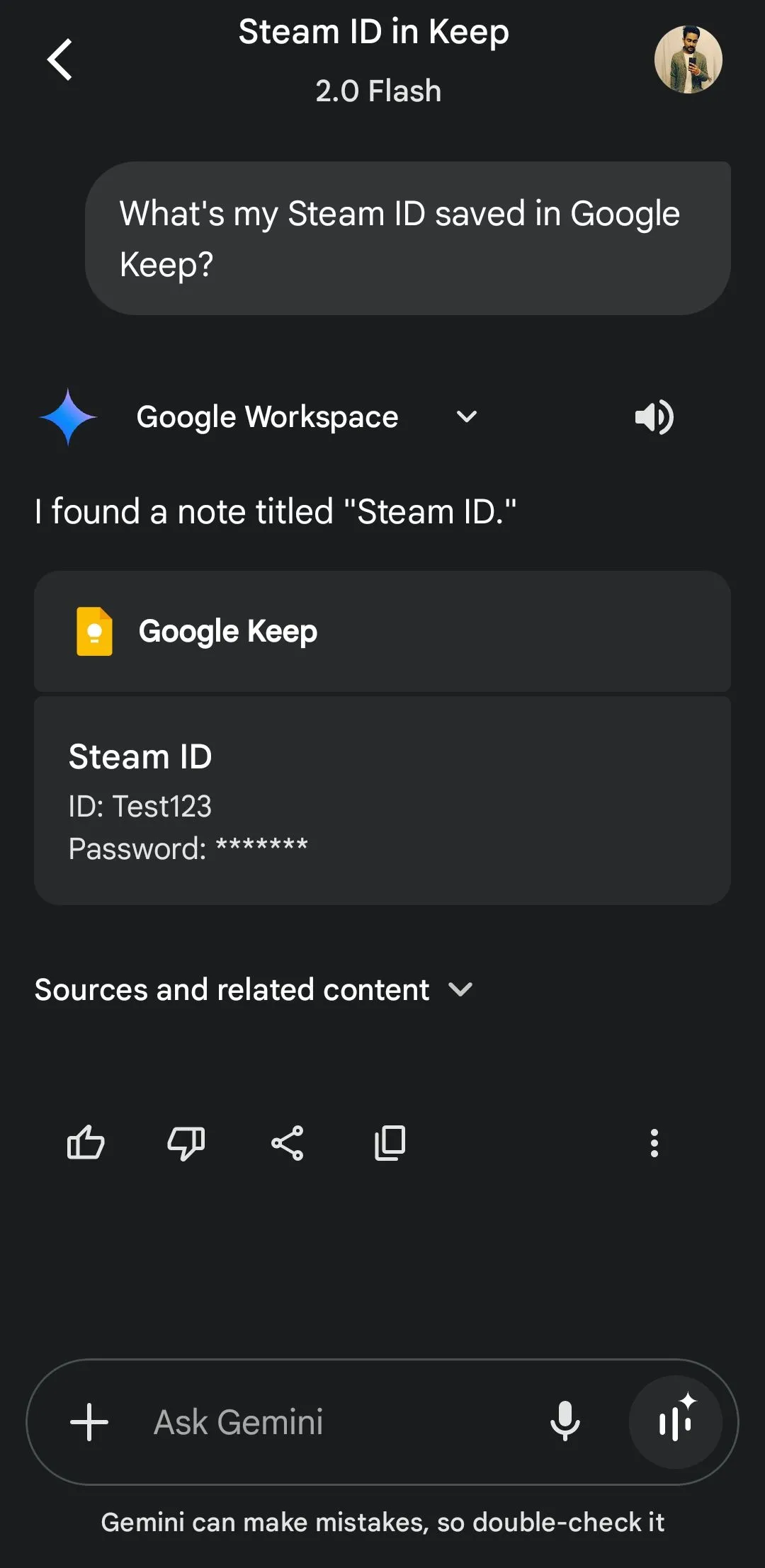 Trợ lý AI Gemini truy xuất thông tin về Steam ID từ Google Keep