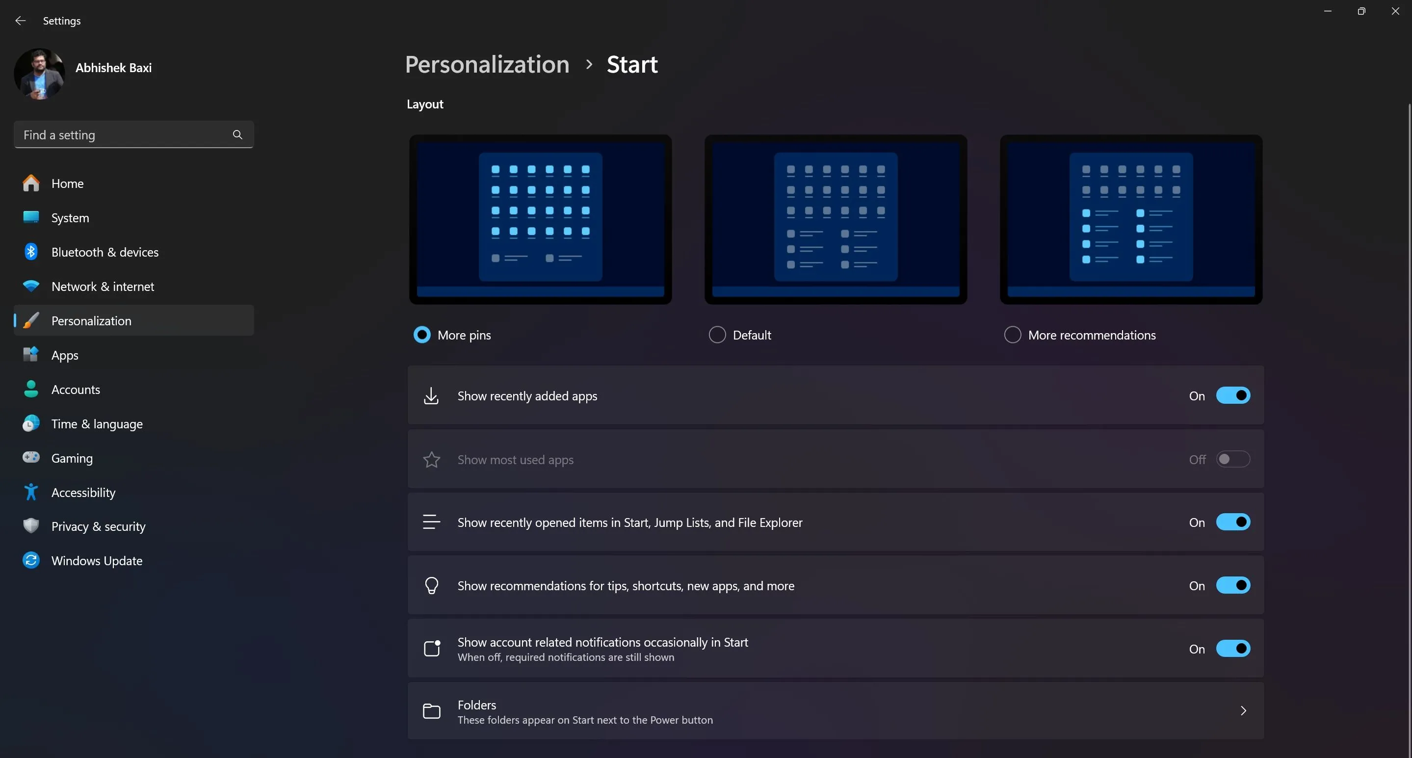 Tùy chỉnh bố cục Menu Start Windows 11 trong phần Cài đặt Cá nhân hóa để hiển thị nhiều ứng dụng được ghim hơn