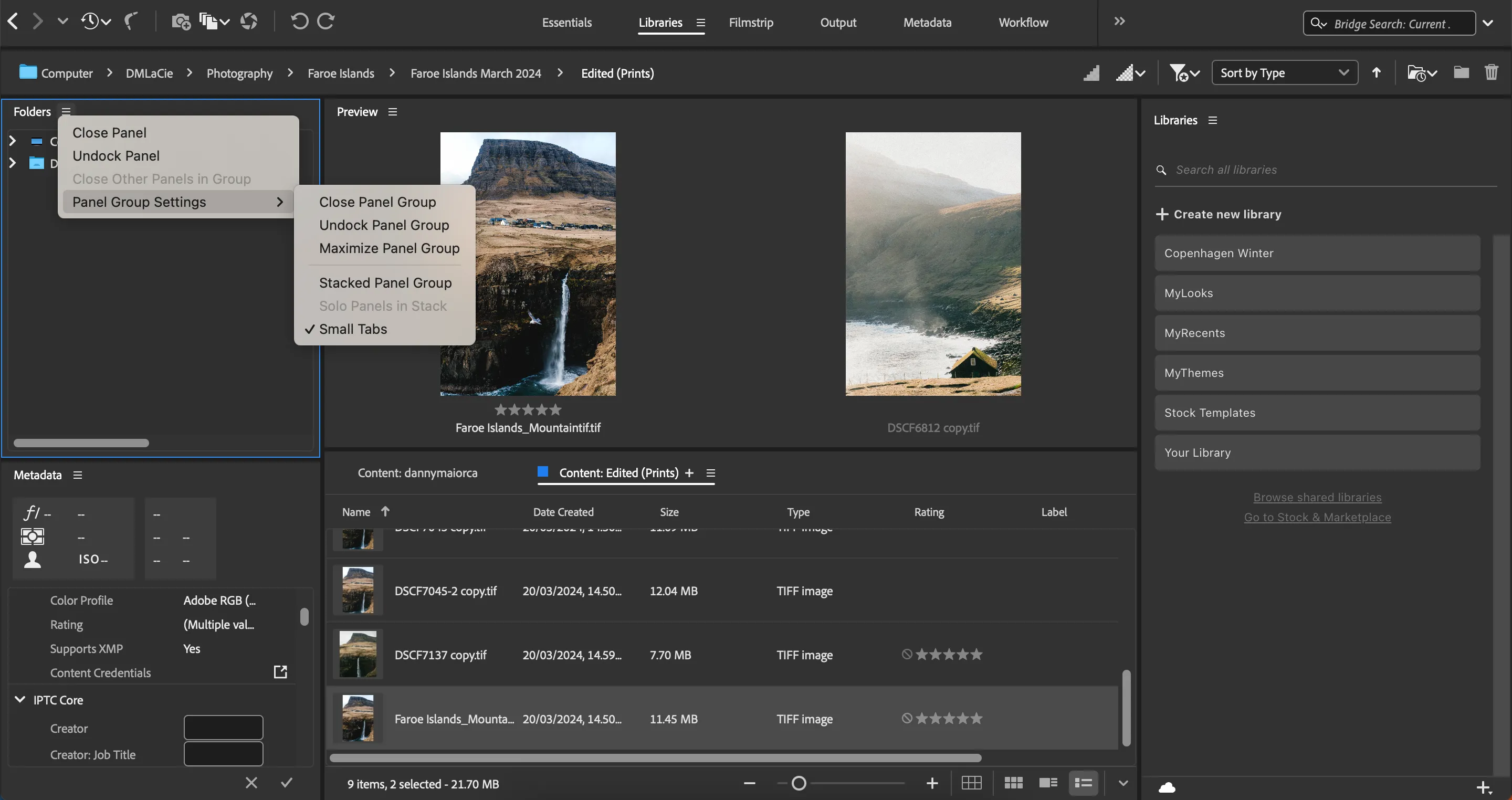 Tùy chỉnh các bảng điều khiển trong Adobe Bridge để tối ưu hóa không gian làm việc và xem nhiều thông tin cùng lúc