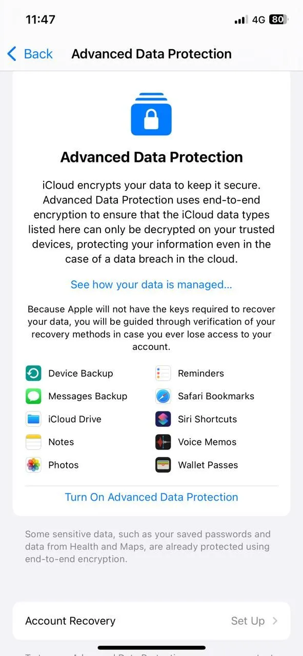 Tùy chọn Bảo vệ Dữ liệu Nâng cao cho iCloud trên iPhone.