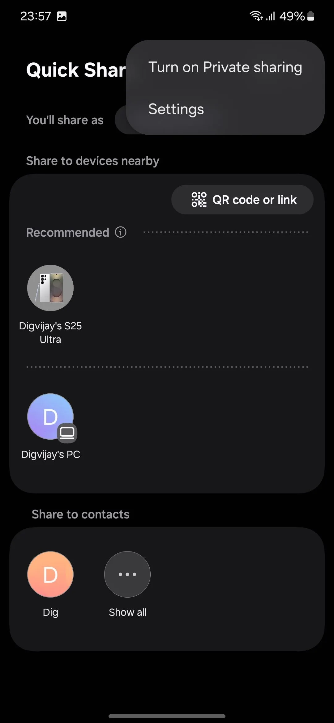 Tùy chọn bật Chia sẻ Riêng tư (Private Sharing) trong giao diện Quick Share của Samsung Galaxy.
