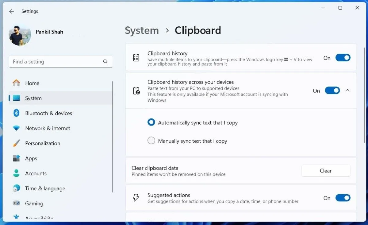 Tùy chọn bật đồng bộ lịch sử Clipboard trên các thiết bị trong cài đặt Windows 11.