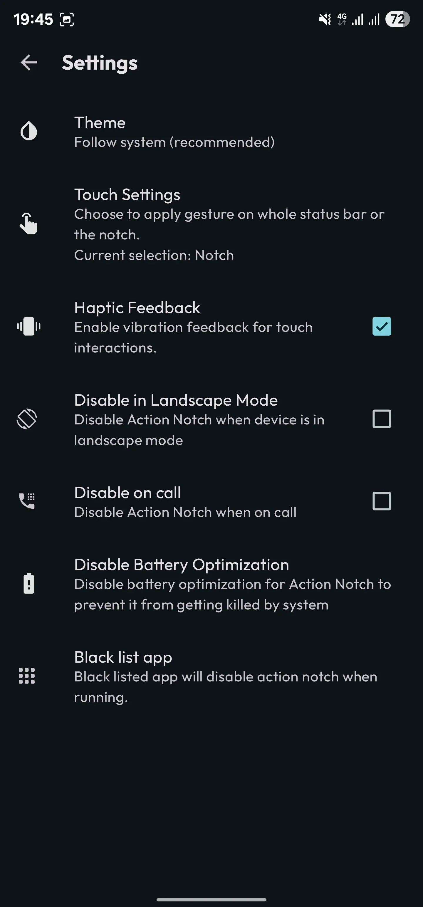 Tùy chọn Bật Phản hồi rung (Haptic Feedback) đã được chọn trong cài đặt Action Notch.