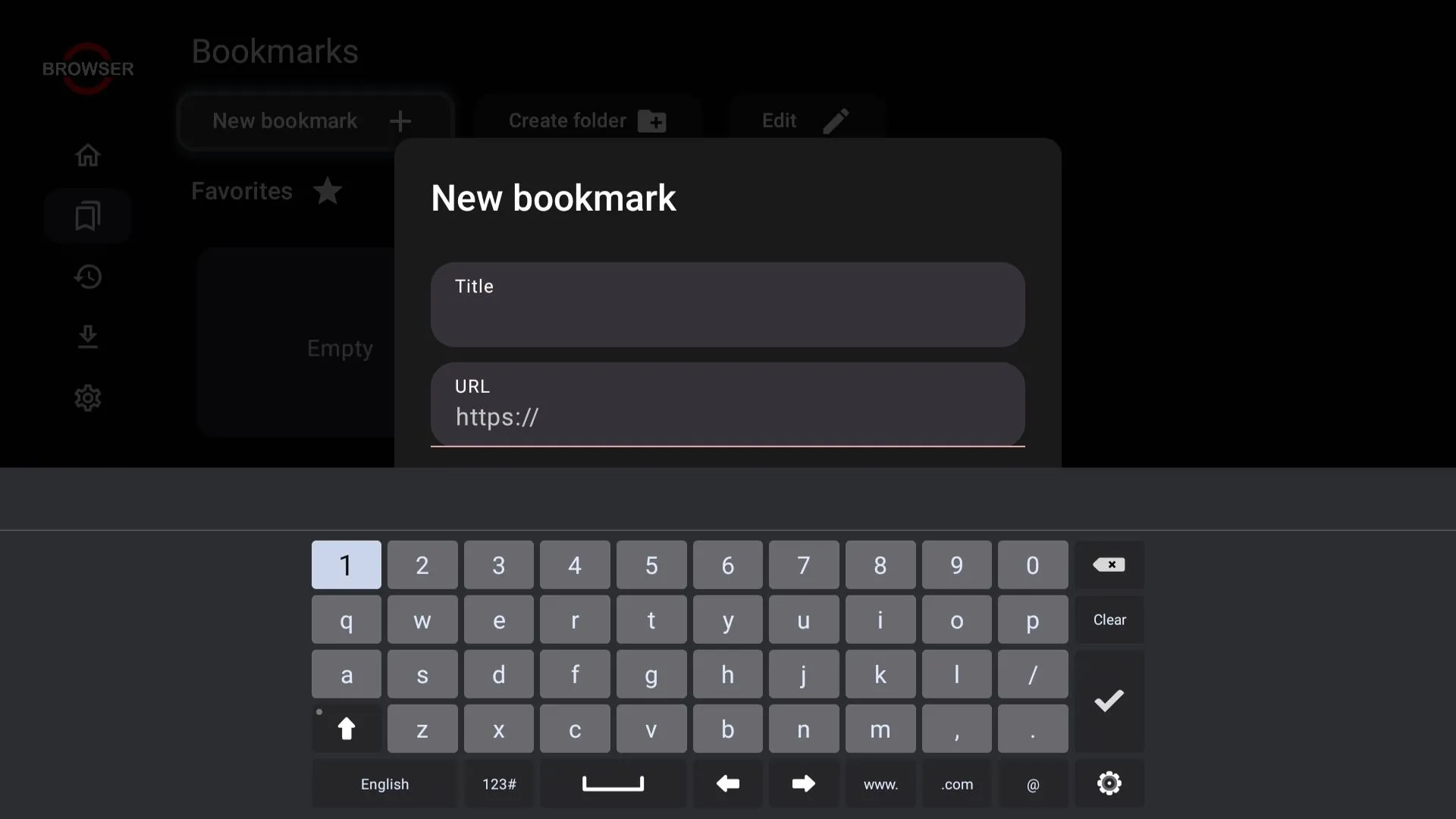 Tùy chọn &quot;Bookmark&quot; (Dấu trang) trong ứng dụng trình duyệt trên Smart TV, giúp lưu nhanh các trang web yêu thích.