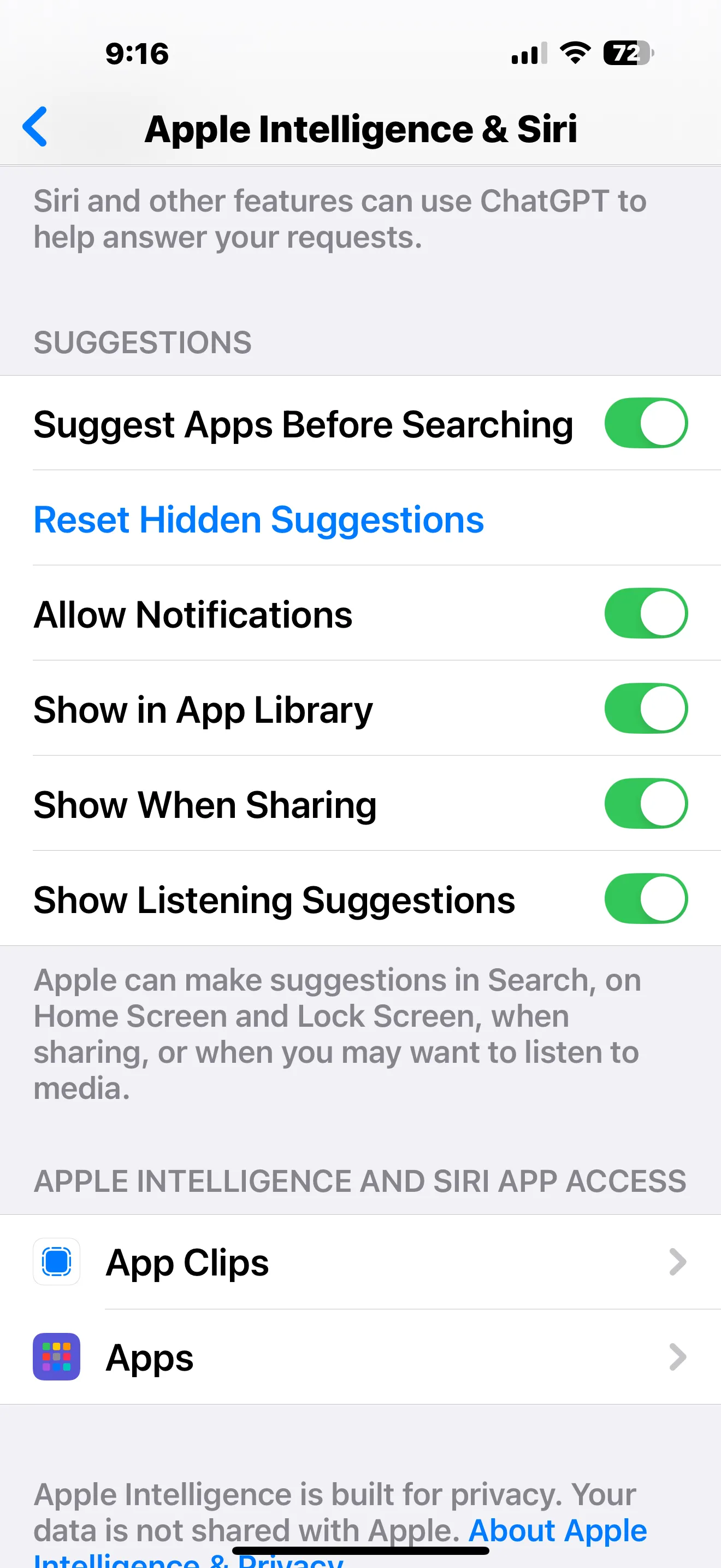 Tùy chọn cài đặt Apple Intelligence và quyền truy cập ứng dụng trên iPhone, cho phép kiểm soát AI trên từng ứng dụng