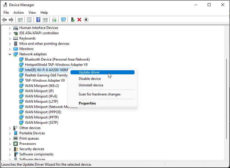 Tùy chọn Cập nhật trình điều khiển (Update driver) cho adapter Wi-Fi Intel trong Device Manager trên Windows 11.