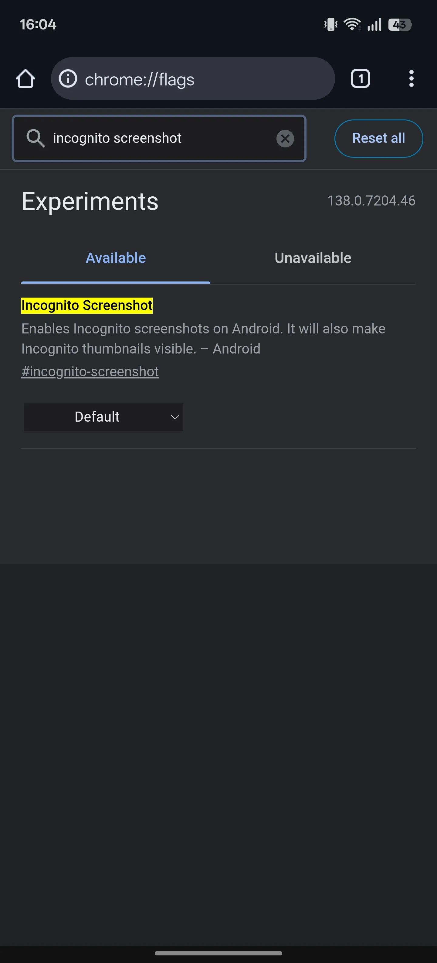 Tùy chọn cờ 'Incognito Screenshot' (Chụp màn hình ẩn danh) trong trang chrome://flags của Chrome.