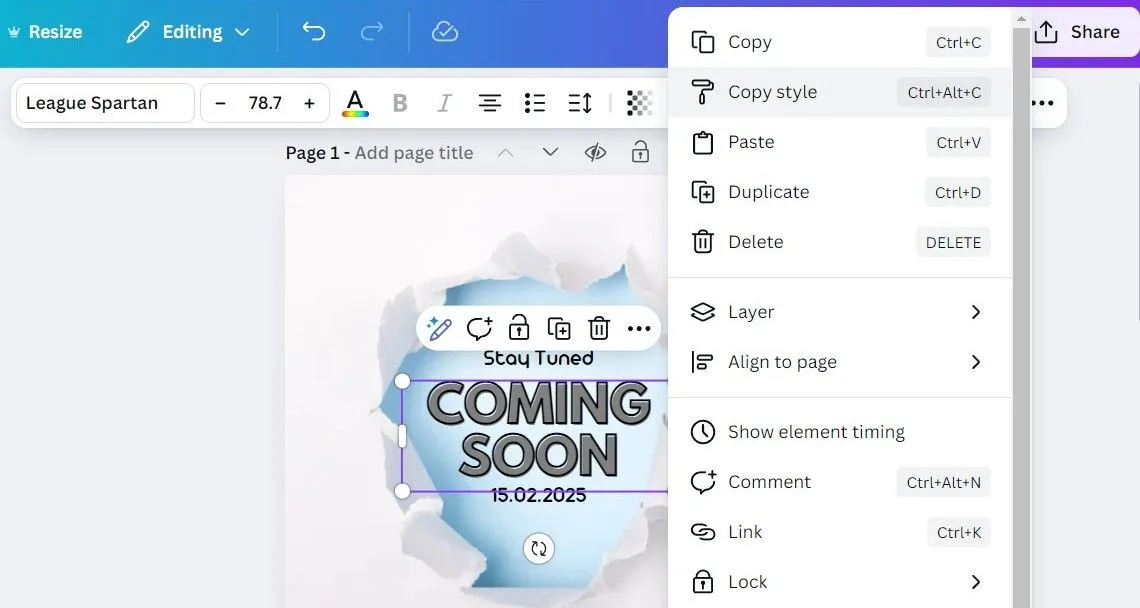 Tùy chọn Copy Style (Sao chép định dạng) khi chuột phải vào một hộp văn bản hoặc yếu tố thiết kế trên ứng dụng Canva, giúp đồng bộ hóa kiểu dáng nhanh chóng.