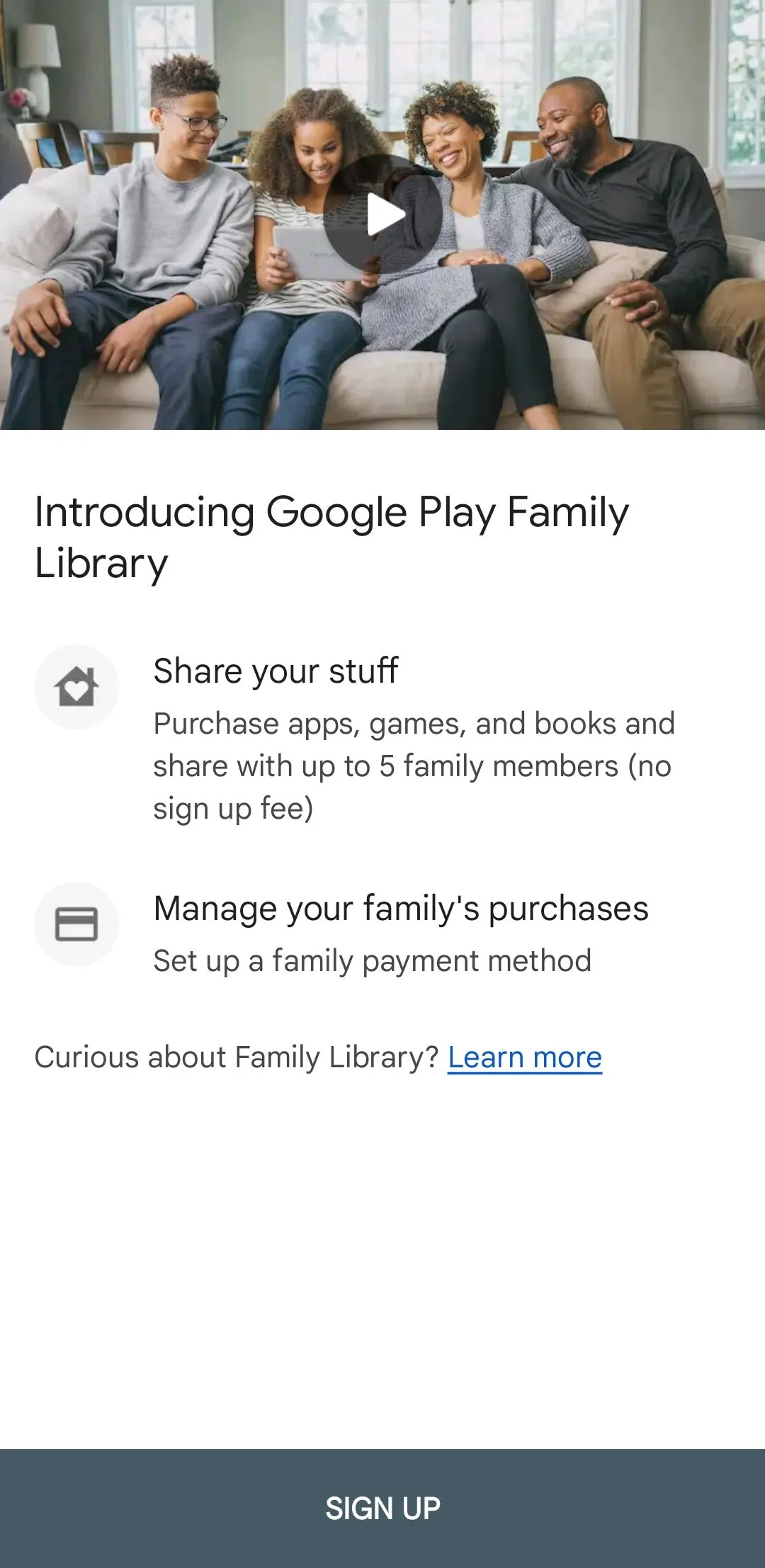 Tùy chọn &quot;Đăng ký Thư viện gia đình&quot; trong cài đặt Play Store, hướng dẫn thiết lập chia sẻ ứng dụng và nội dung.