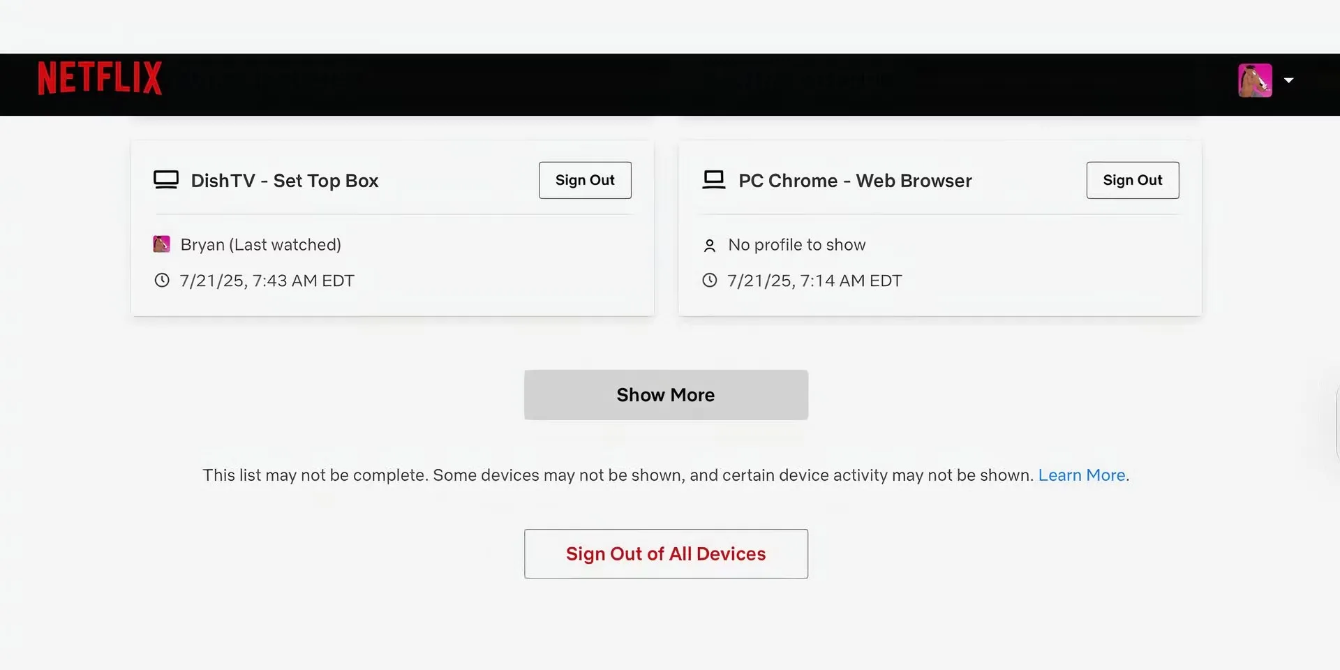 Tùy chọn &quot;Đăng xuất khỏi tất cả thiết bị&quot; trong phần cài đặt tài khoản Netflix.