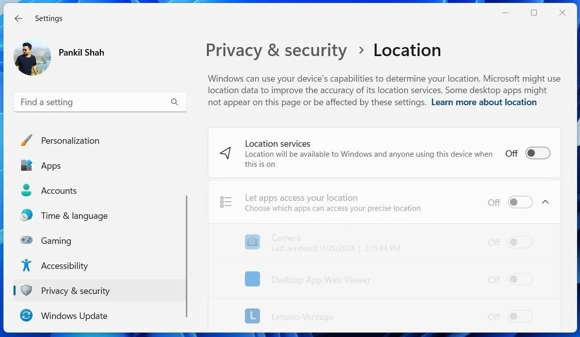 Tùy chọn Dịch vụ định vị trong Cài đặt Windows 11