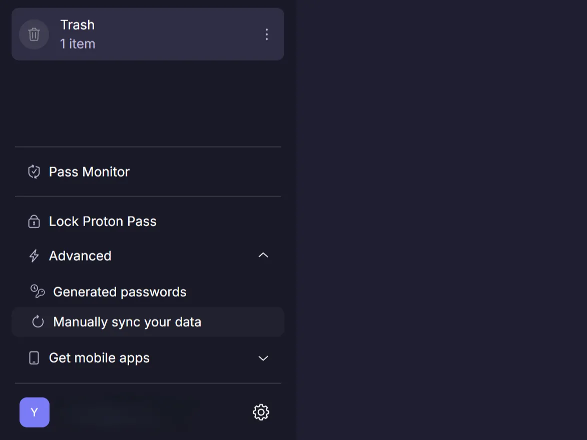 Tùy chọn đồng bộ hóa dữ liệu thủ công trong thanh bên của Proton Pass.