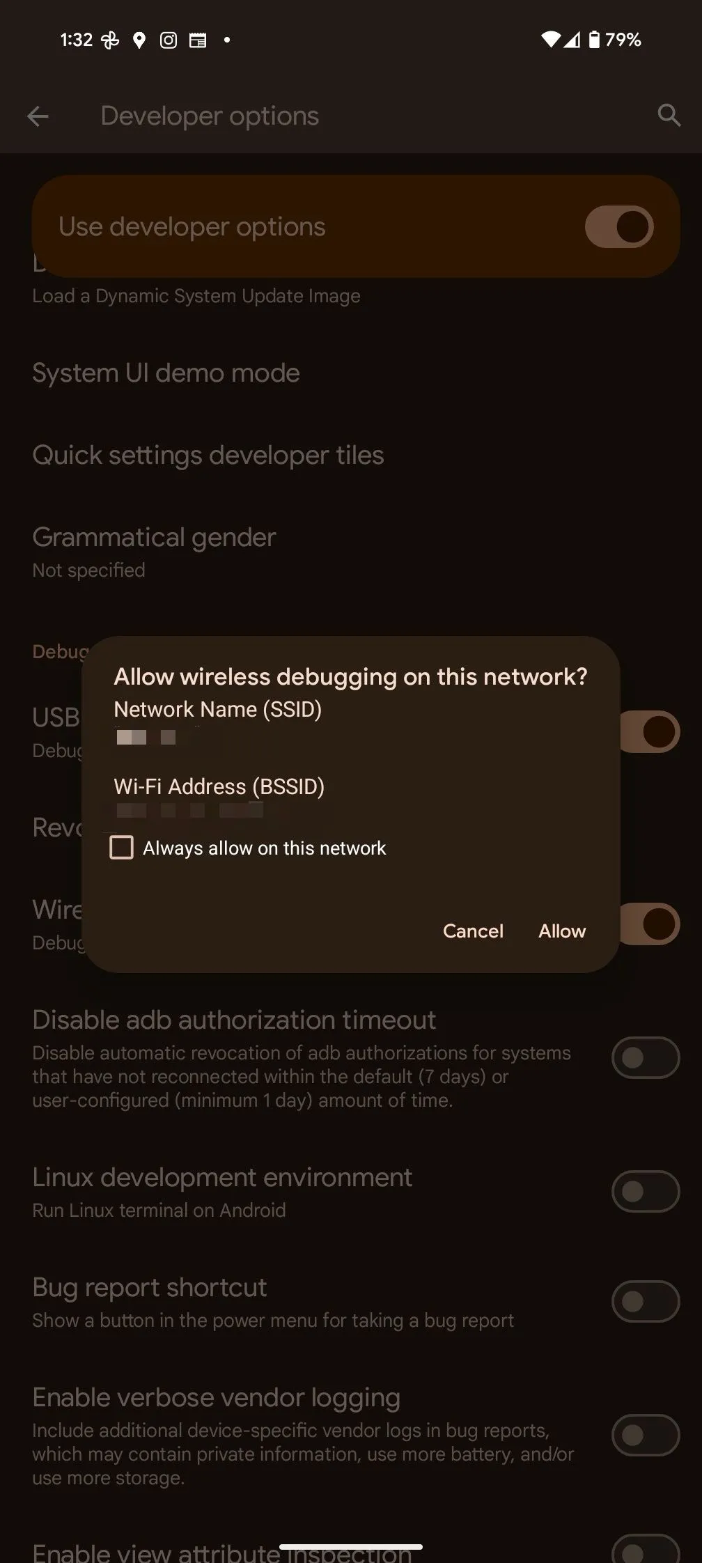 Tùy chọn 'Gỡ lỗi không dây' (Wireless debugging) trong cài đặt nhà phát triển Android, cho phép gỡ lỗi ADB qua Wi-Fi.
