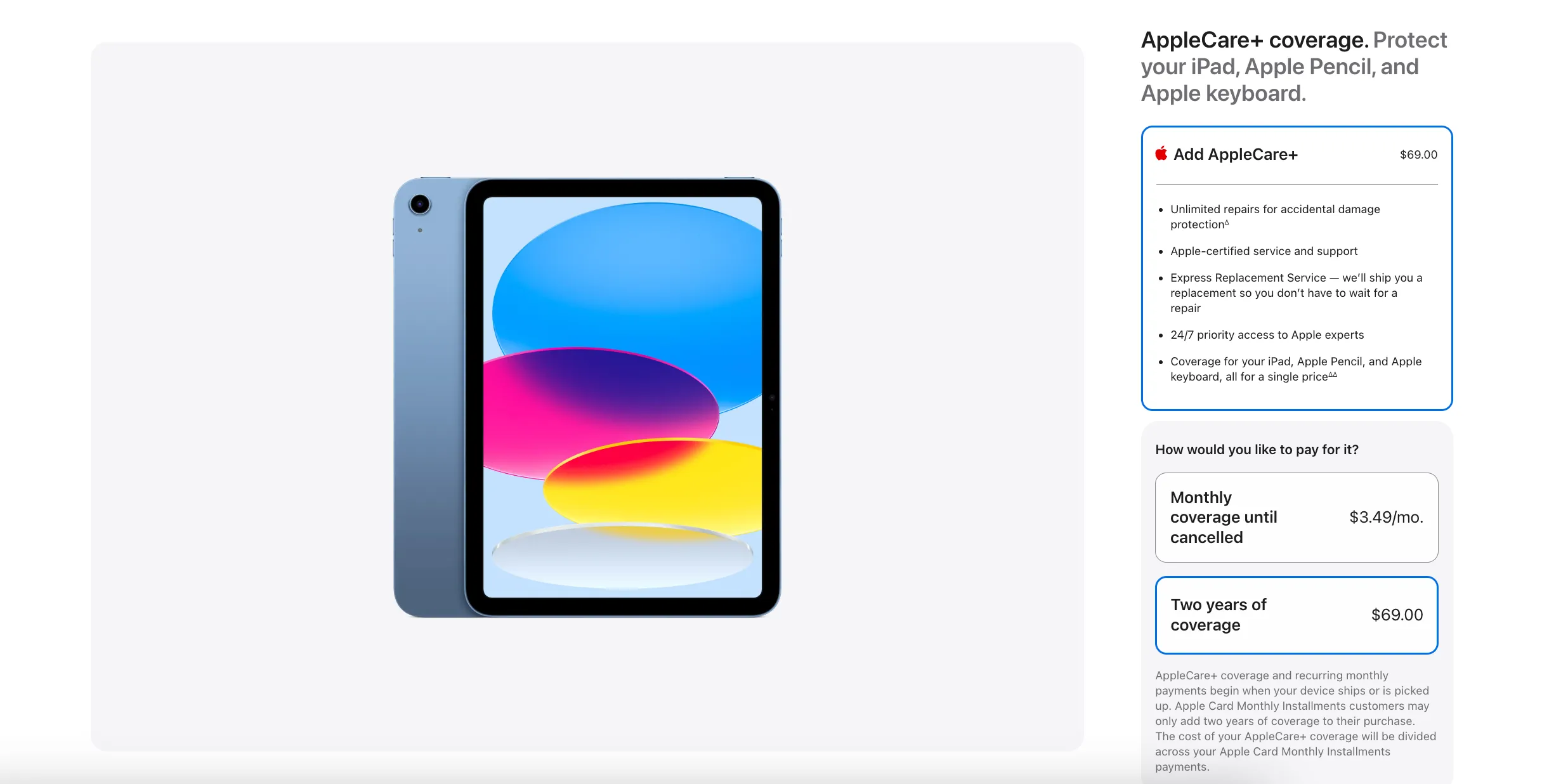 Tùy chọn gói bảo vệ AppleCare+ khi mua iPad trên website Apple