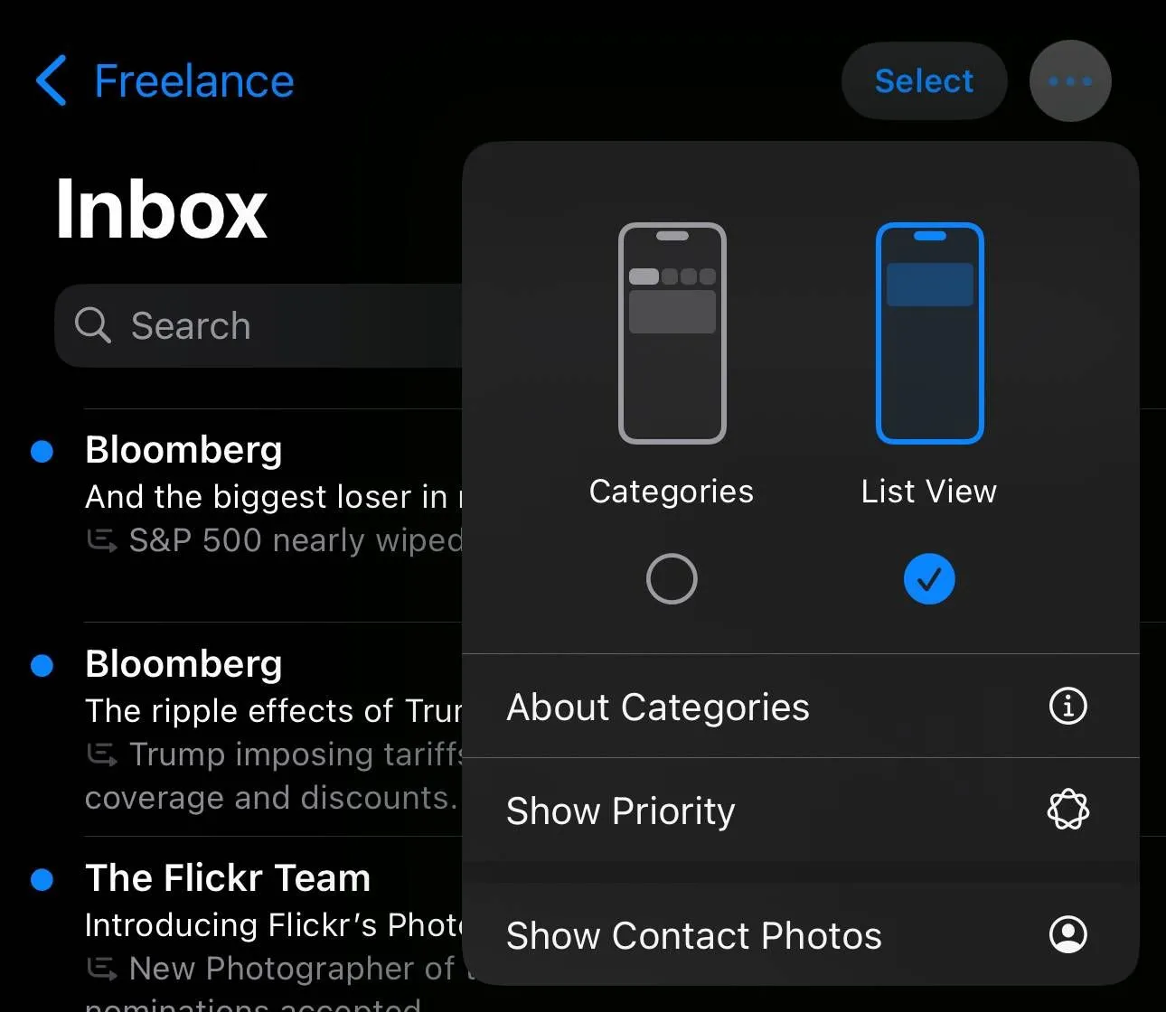 Tùy chọn hiển thị ảnh liên hệ trong cài đặt ứng dụng Mail trên iOS 18.5 beta 1