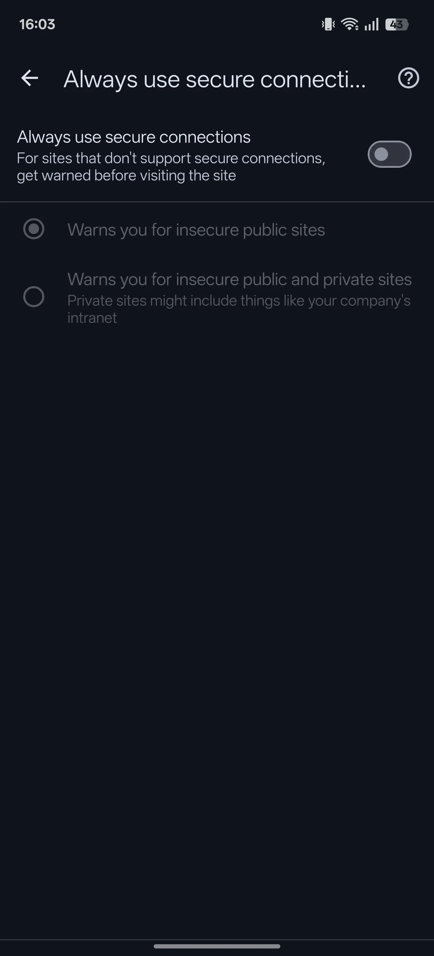 Tùy chọn 'Luôn sử dụng kết nối an toàn' (Always use secure connections) trong cài đặt Bảo mật của Chrome trên Android.