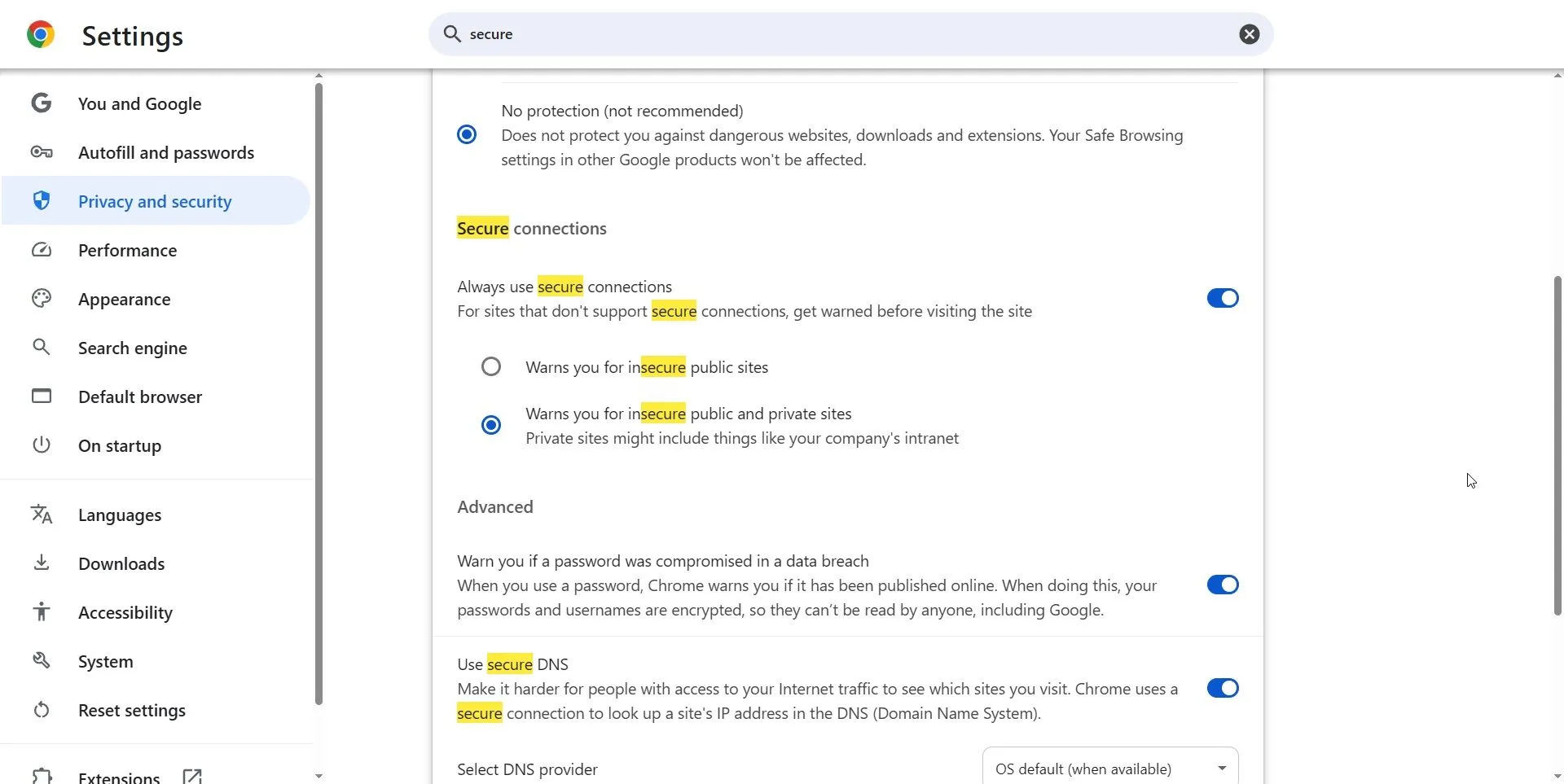 Tùy chọn 'Luôn sử dụng kết nối bảo mật' trong cài đặt Google Chrome, đảm bảo duyệt web an toàn hơn