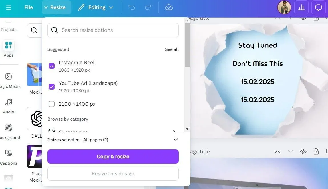 Tùy chọn Magic Resize (Thay đổi kích thước thần kỳ) trong ứng dụng Canva, cho phép điều chỉnh thiết kế tự động phù hợp với nhiều nền tảng mạng xã hội và định dạng khác nhau.