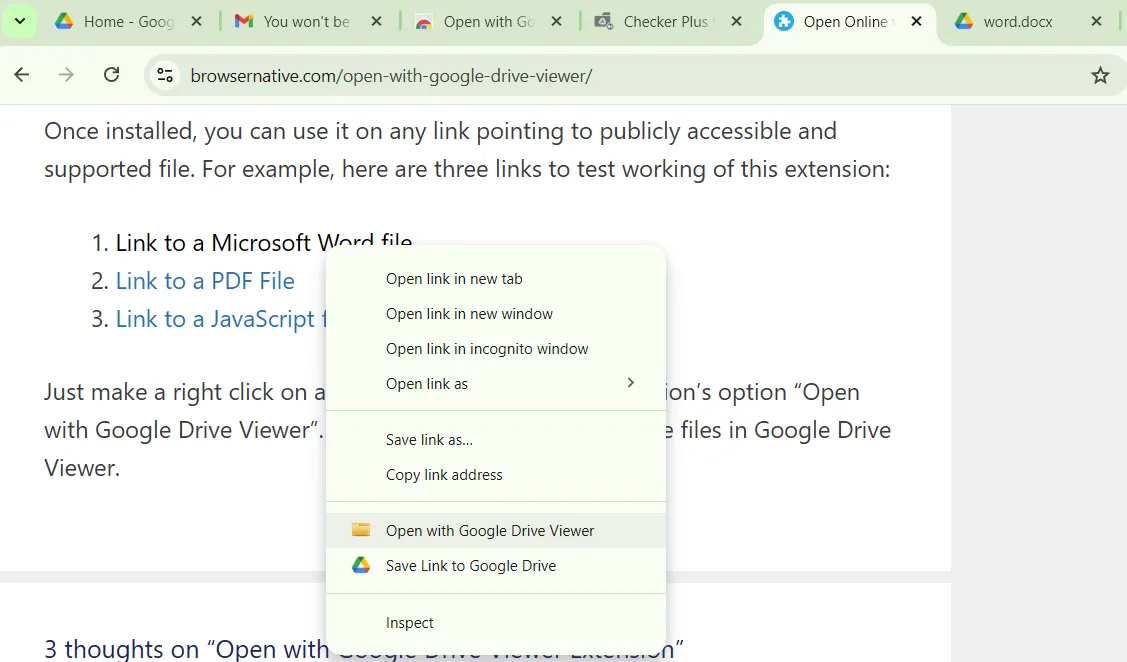 Tùy chọn Mở bằng Trình xem Google Drive trong menu chuột phải Chrome