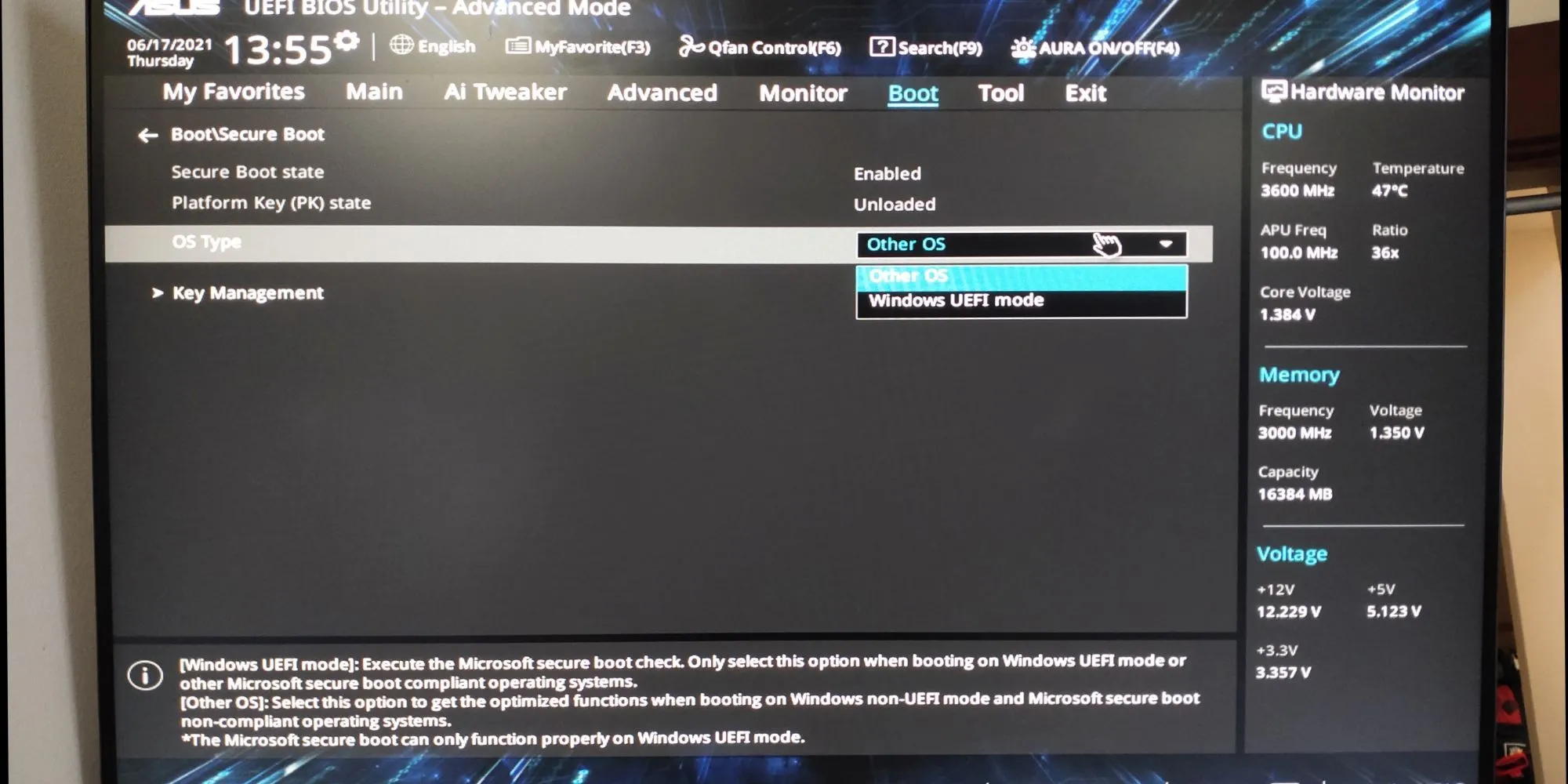 Tùy chọn Secure Boot trong giao diện BIOS/UEFI của máy tính Asus