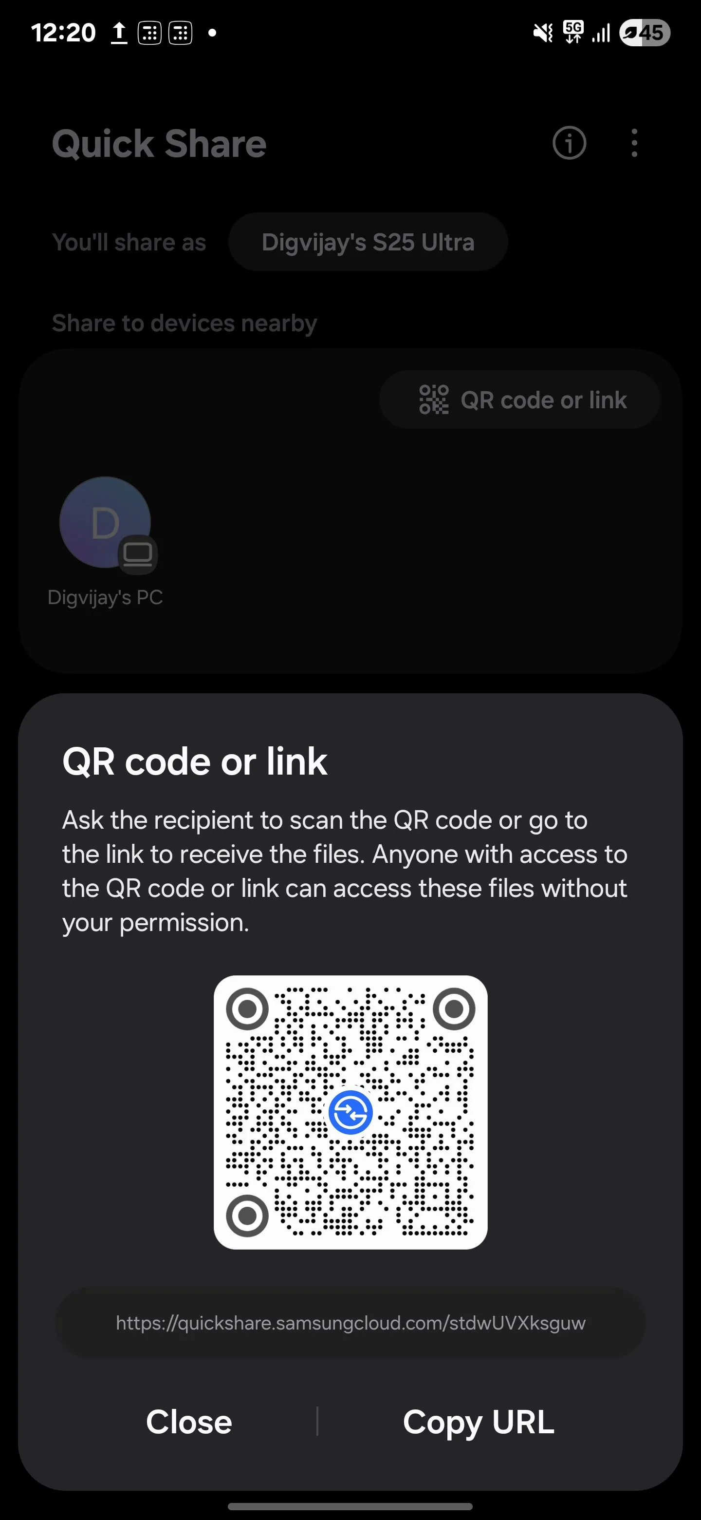 Tùy chọn tạo liên kết hoặc mã QR để chia sẻ file rộng rãi hơn trong ứng dụng Quick Share của Samsung.