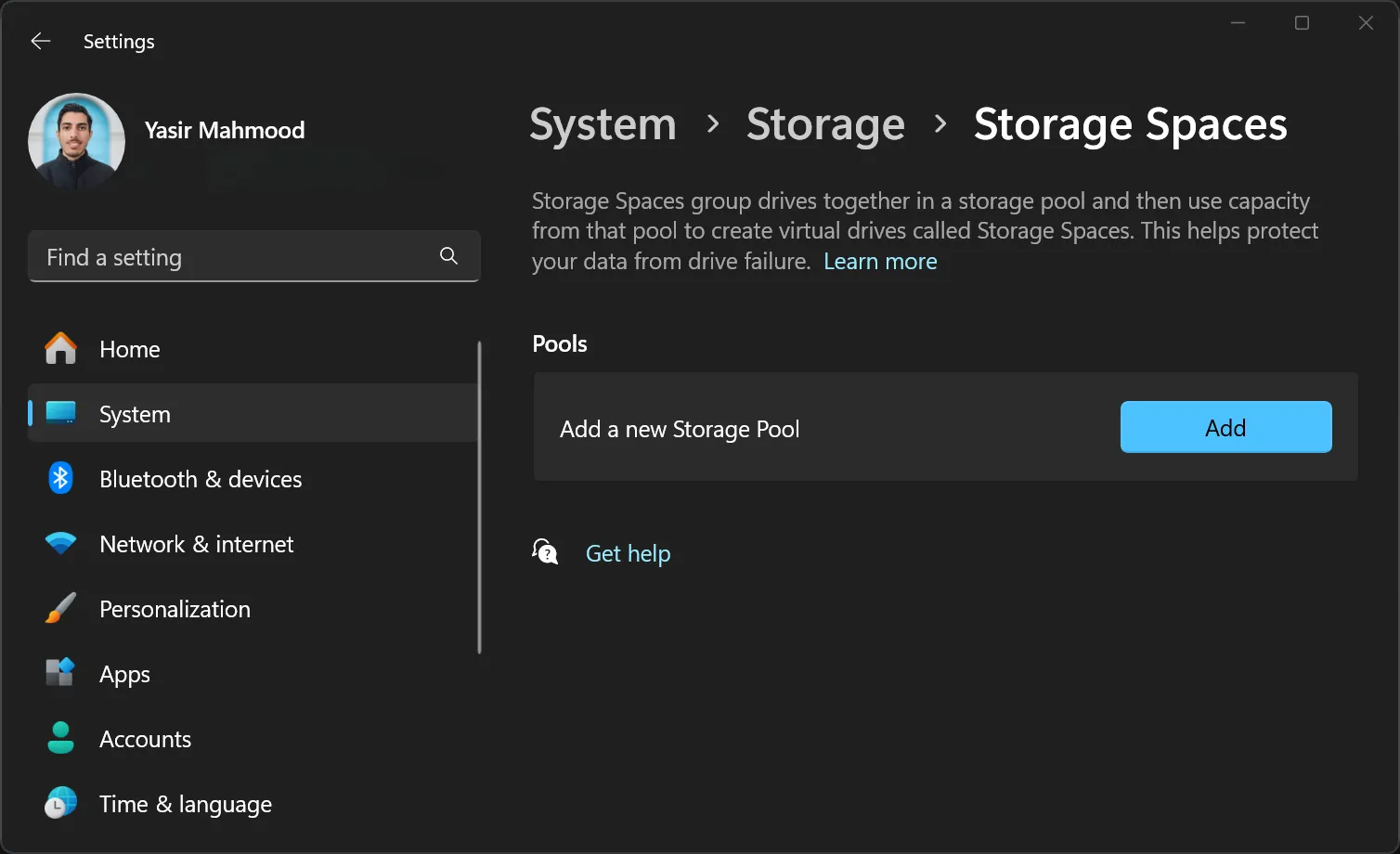 Tùy chọn tạo nhóm lưu trữ mới trong tính năng Storage Spaces của Windows