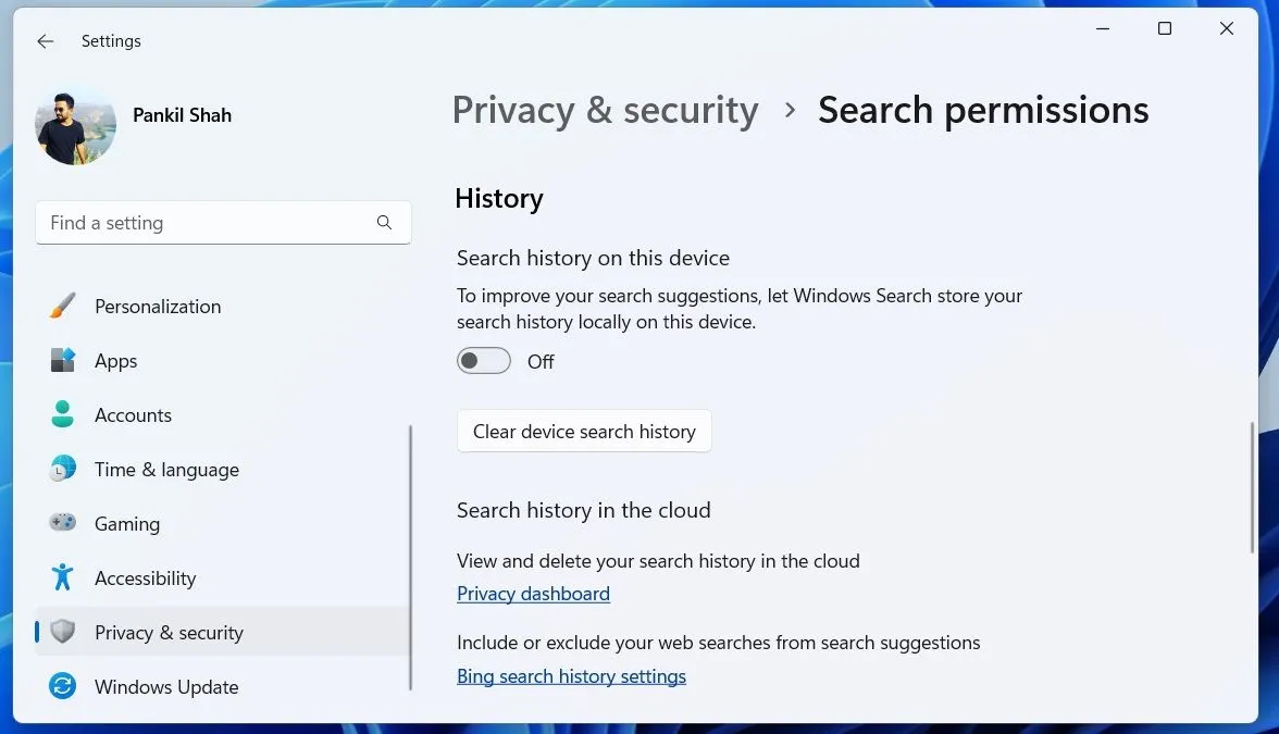 Tùy chọn tắt lịch sử tìm kiếm trên Windows 11