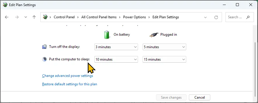 Tùy chọn thay đổi cài đặt nguồn nâng cao trên Control Panel trong Windows 11