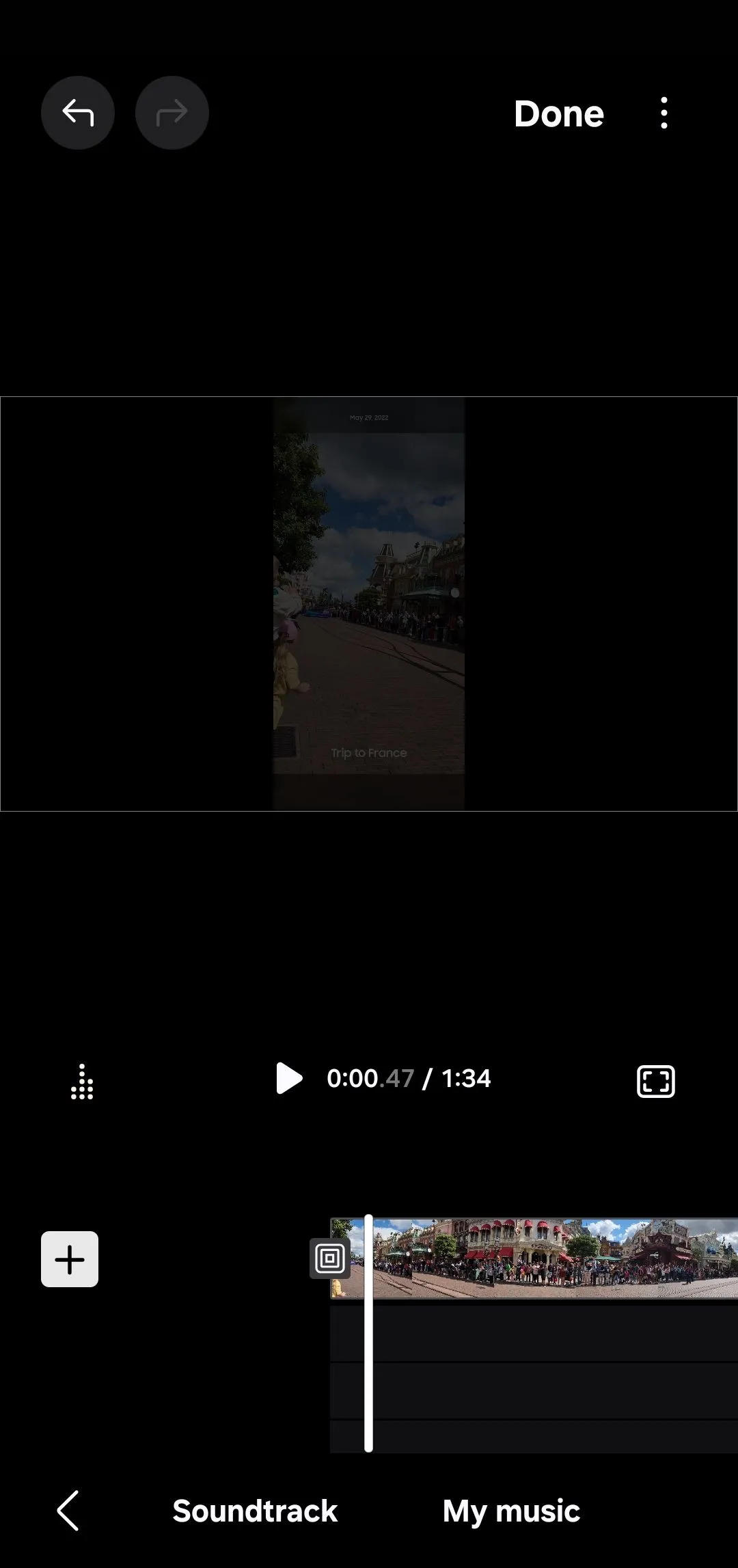 Tùy chọn thêm nhạc nền trong ứng dụng Samsung Studio, hiển thị các lựa chọn nhạc có sẵn và nhạc cá nhân.