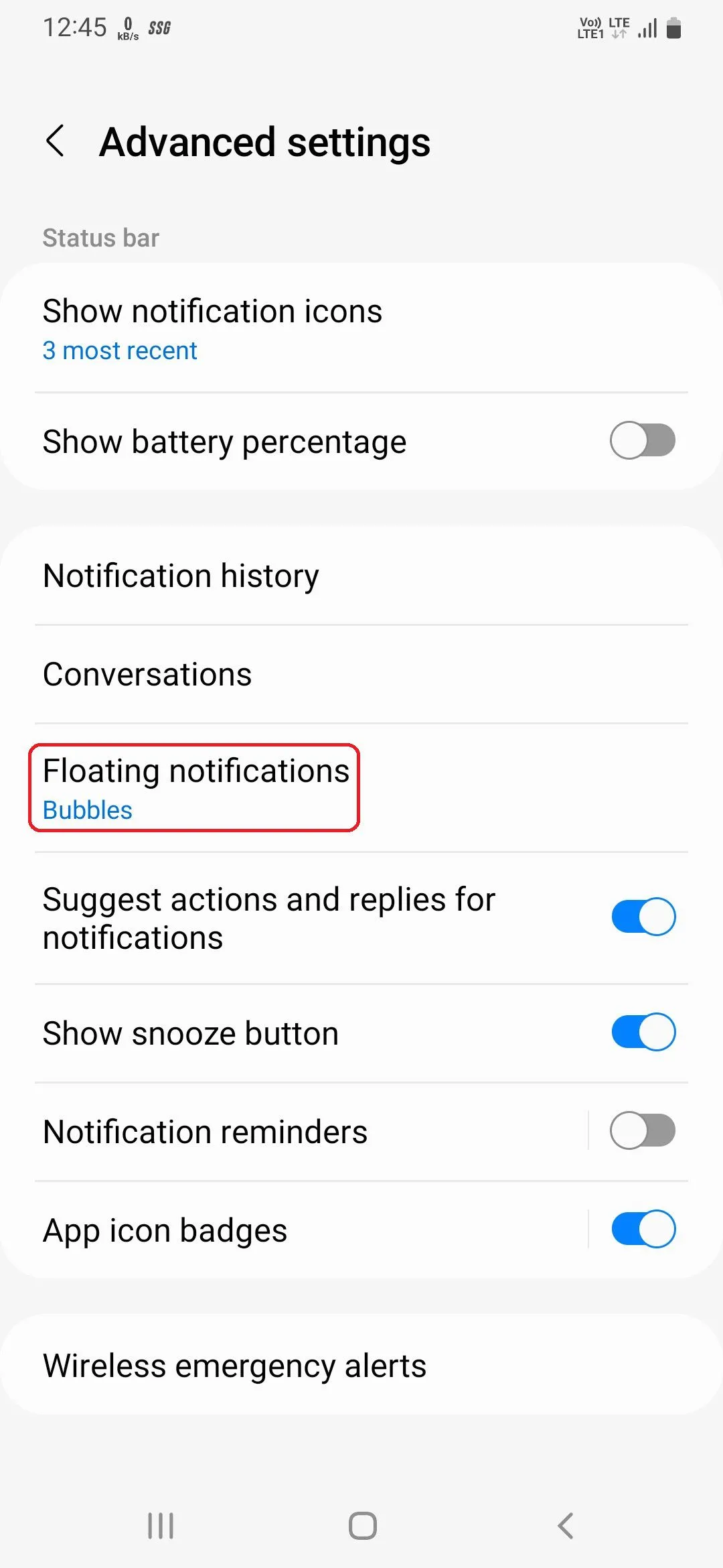 Tùy chọn Thông báo nổi (Floating notifications) trong Cài đặt nâng cao của Thông báo trên Samsung