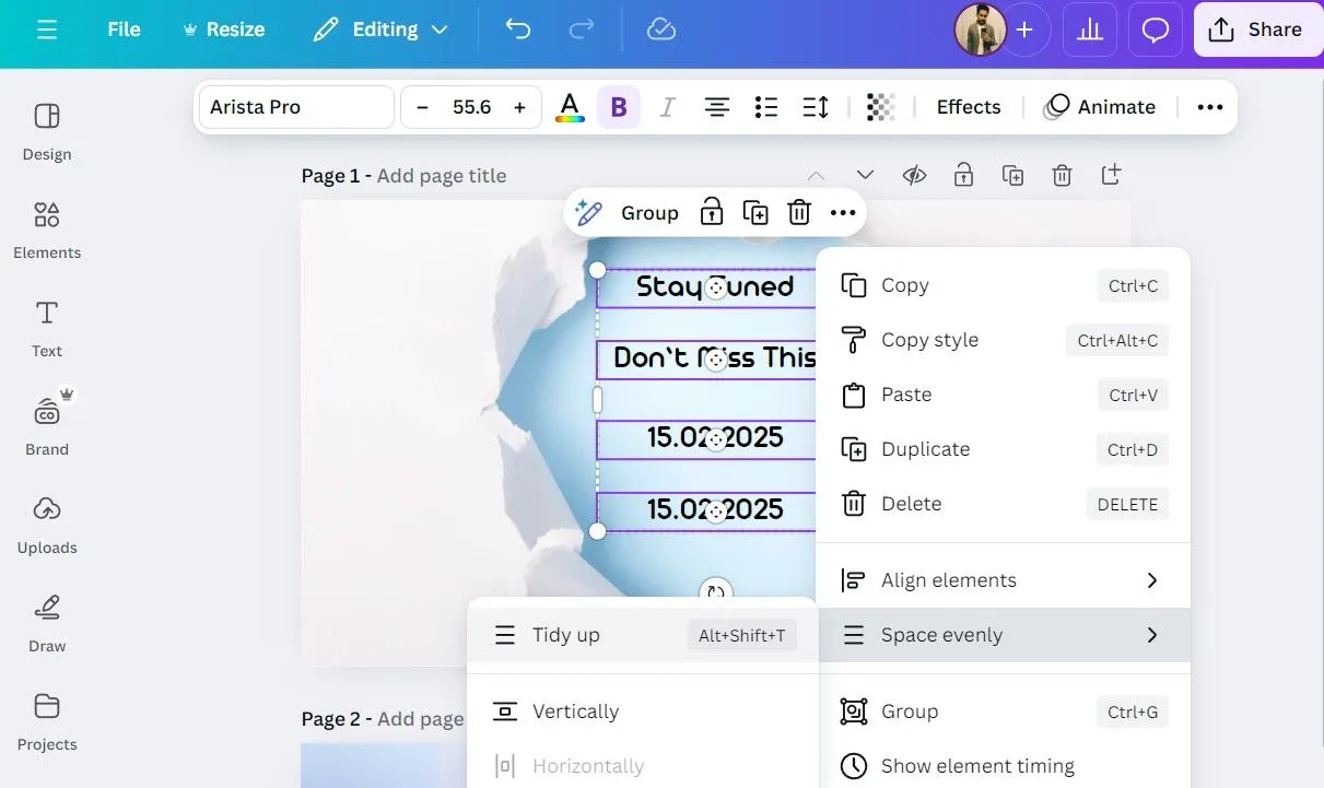 Tùy chọn Tidy Up (Sắp xếp gọn gàng) trong ứng dụng Canva trên máy tính, giúp căn chỉnh và phân phối đều các yếu tố thiết kế được chọn chỉ với một cú nhấp chuột.