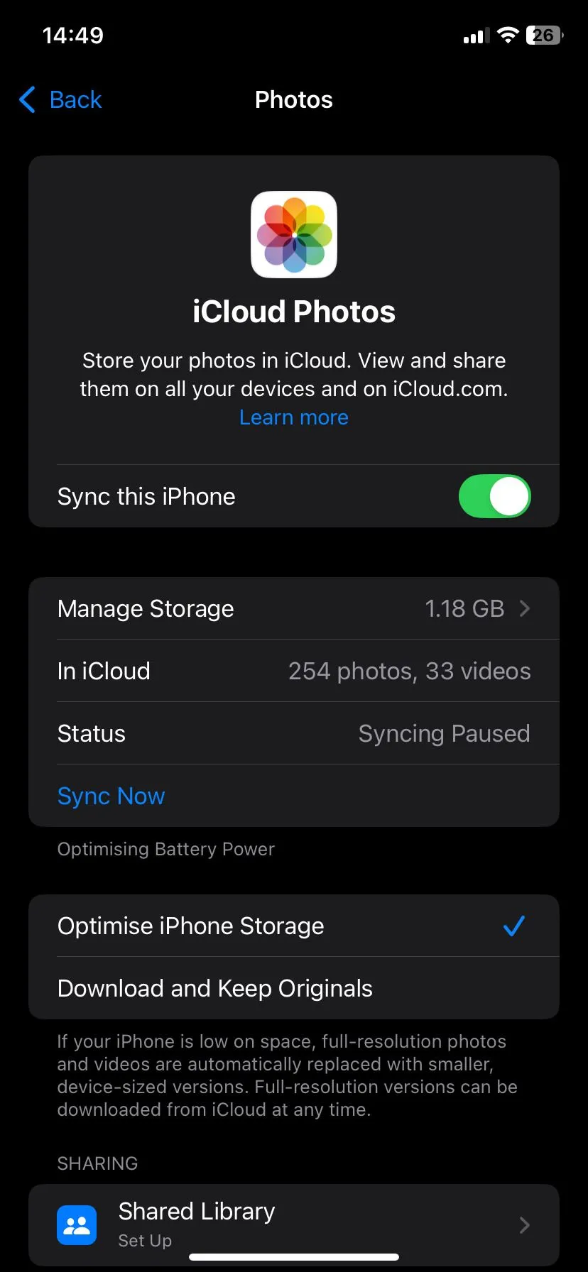 Tùy chọn Tối ưu hóa dung lượng iPhone trong cài đặt Ảnh iCloud