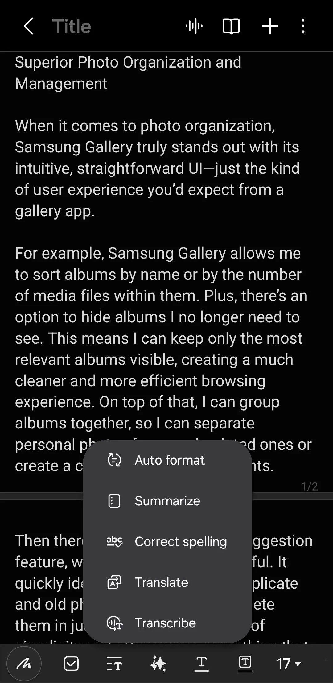 Tùy chọn Tự động định dạng trong ứng dụng Samsung Notes
