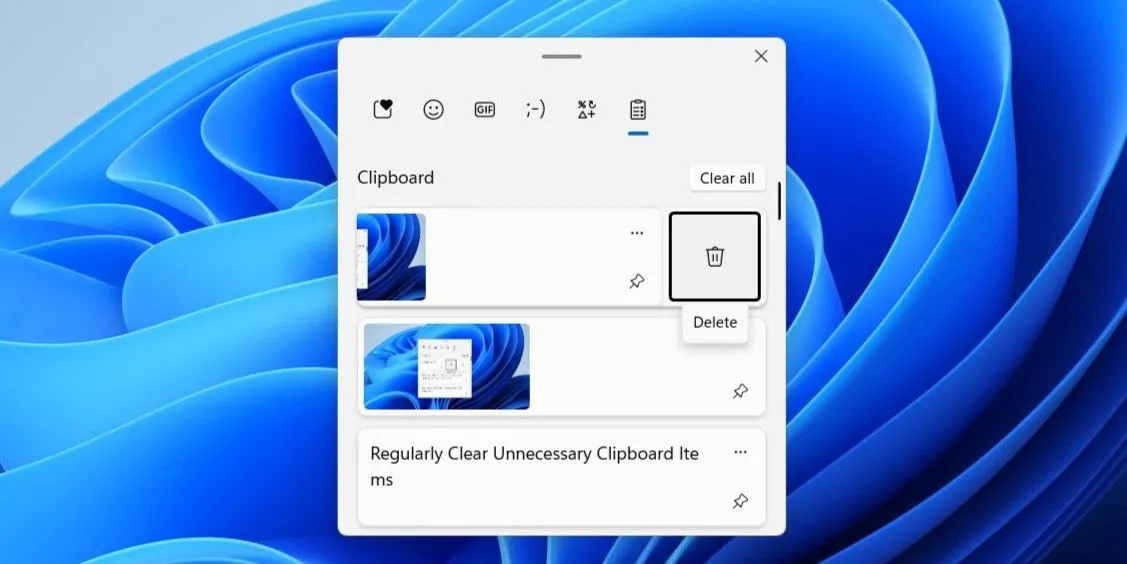 Tùy chọn xóa từng mục hoặc xóa tất cả trong lịch sử Clipboard của Windows.