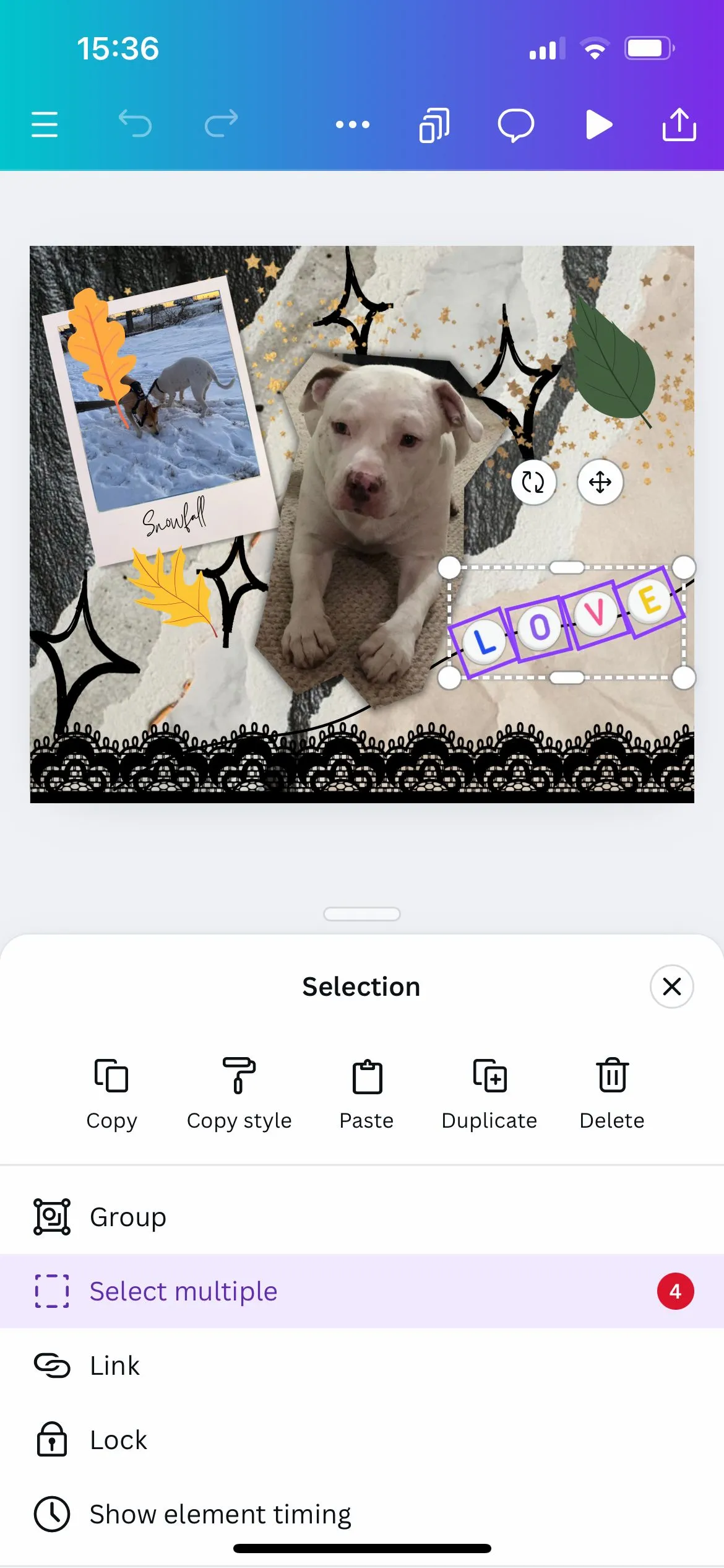 Ứng dụng Canva minh họa việc chọn nhiều đối tượng bằng cách chạm, với các đối tượng đã chọn được bao quanh bởi đường viền màu tím và hộp chấm trắng.