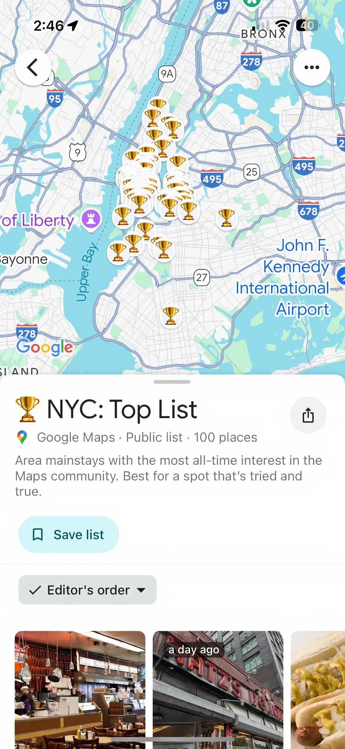 Ứng dụng Google Maps hiển thị danh sách các địa điểm nổi bật ở New York City