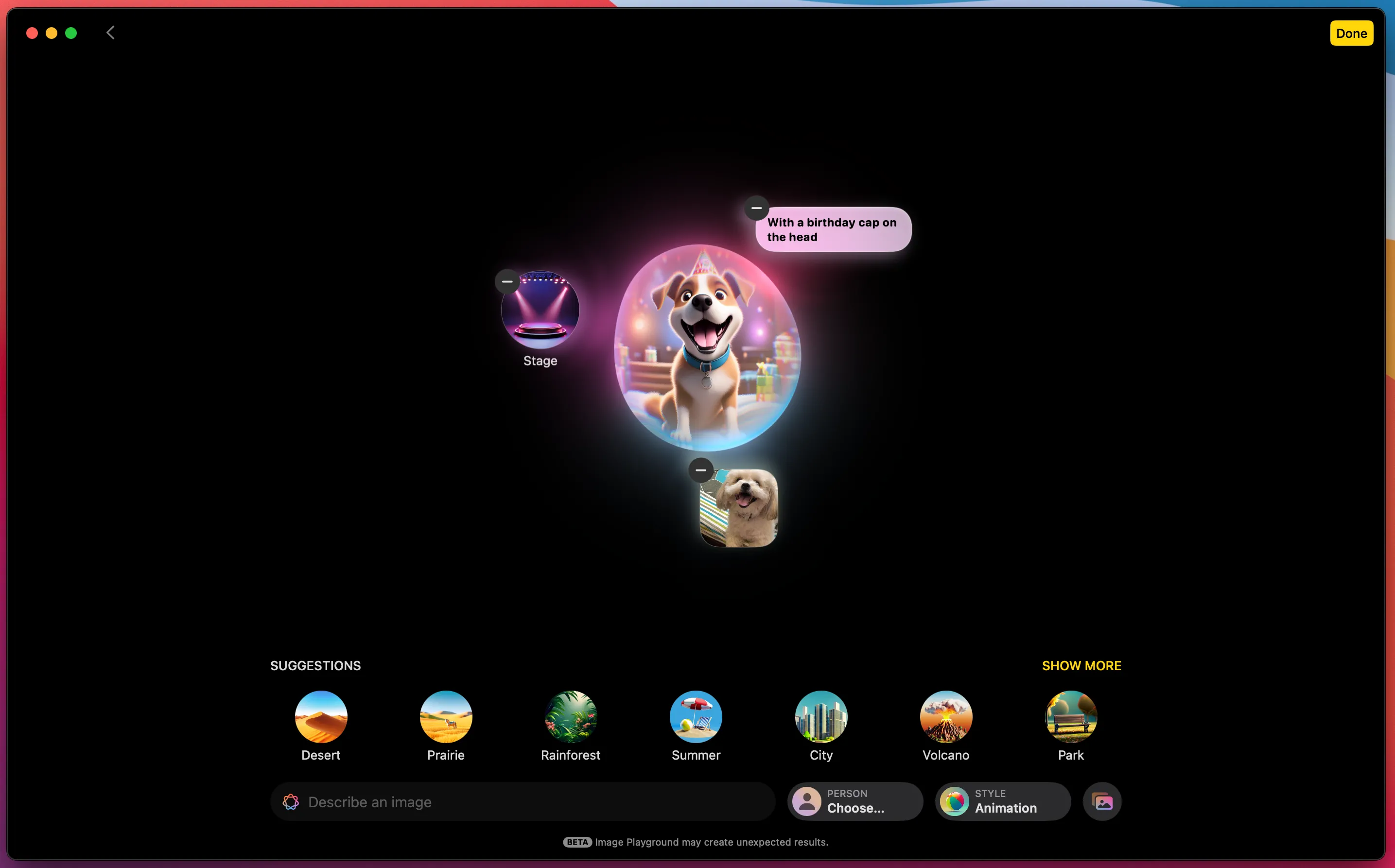 Ứng dụng Image Playground của Apple Intelligence đang tạo ra một hình ảnh AI của chú chó dựa trên mô tả văn bản.
