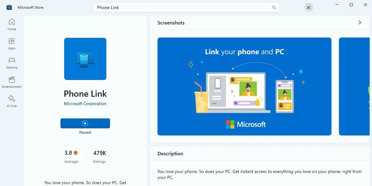 Ứng dụng Microsoft Phone Link trên Microsoft Store, cho phép đồng bộ hóa điện thoại Android và iOS với Windows PC