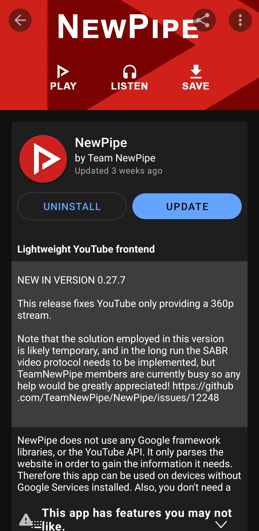 Ứng dụng NewPipe hiển thị trên F-Droid, minh họa một trong số các ứng dụng mã nguồn mở có sẵn.
