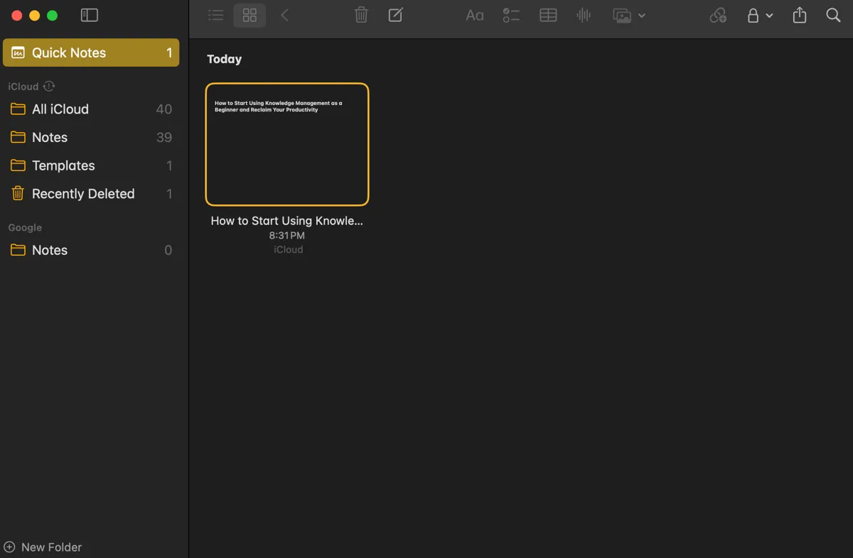 Ứng dụng Notes hiển thị tính năng ghi chú nhanh &quot;Quick Notes&quot; trên iPhone