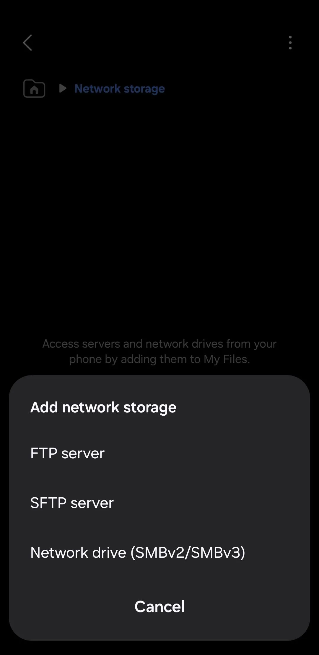 Ứng dụng Quản lý Tệp Samsung hiển thị tùy chọn thêm bộ nhớ mạng (FTP, SMB)