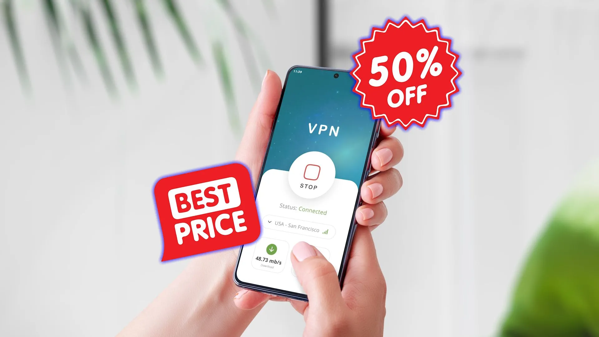 Ứng dụng VPN với ưu đãi giảm giá hiển thị trên điện thoại thông minh, minh họa lợi ích khi đăng ký VPN trả phí
