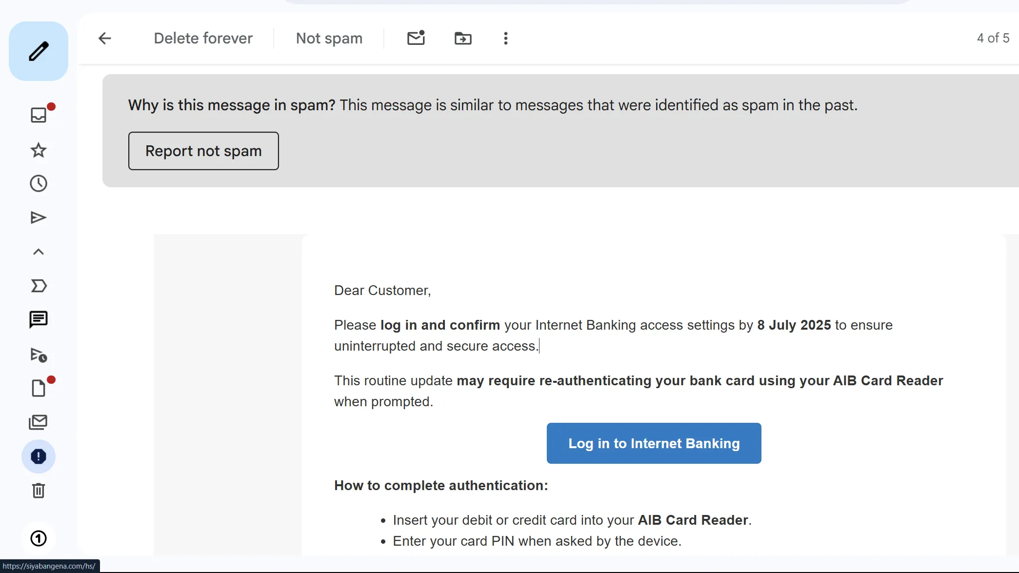 Ví dụ một email spam đáng ngờ chứa liên kết lừa đảo tiềm ẩn, minh họa &quot;cờ đỏ&quot;