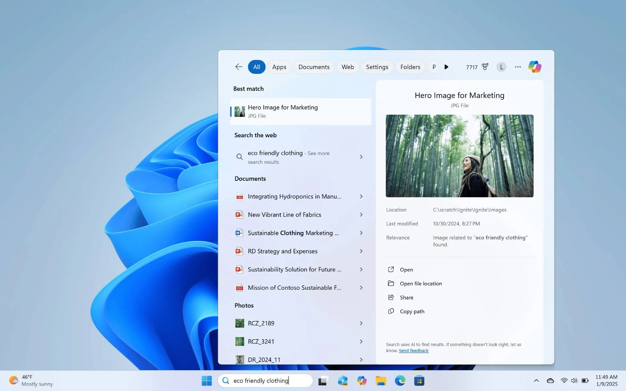 Ví dụ tìm kiếm khái niệm &quot;quần áo thân thiện môi trường&quot; bằng Semantic Search trên Windows 11