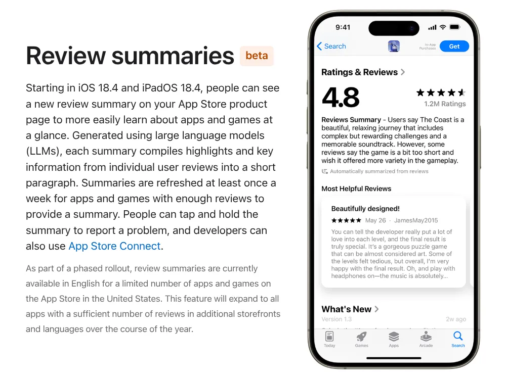 Ví dụ về bản tóm tắt đánh giá ứng dụng được tạo bởi AI trên Apple App Store