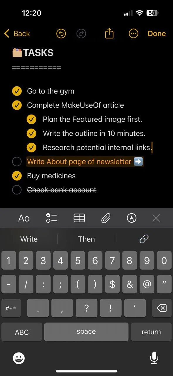 Ví dụ về cách theo dõi các nhiệm vụ (tasks) và ghi chú (notes) trong một trang nhật ký số Bullet Journal trên Apple Notes.