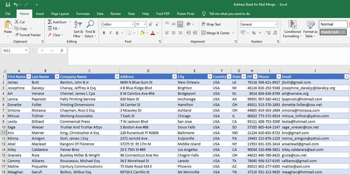Ví dụ về nguồn dữ liệu Excel cho Mail Merge