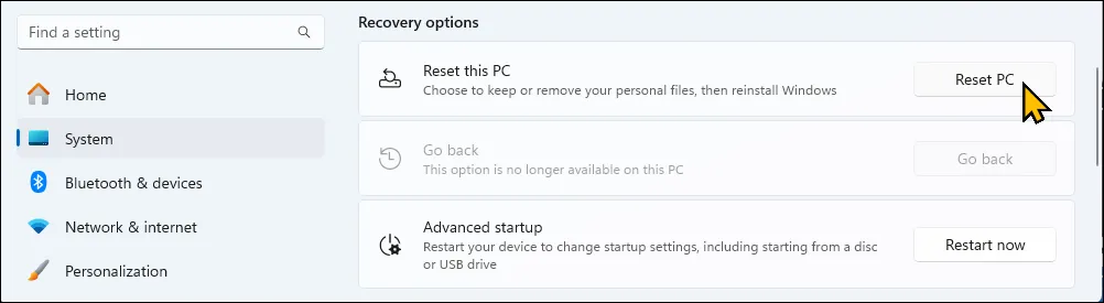 Vị trí tùy chọn Reset this PC để khôi phục máy tính trong Cài đặt Windows 11